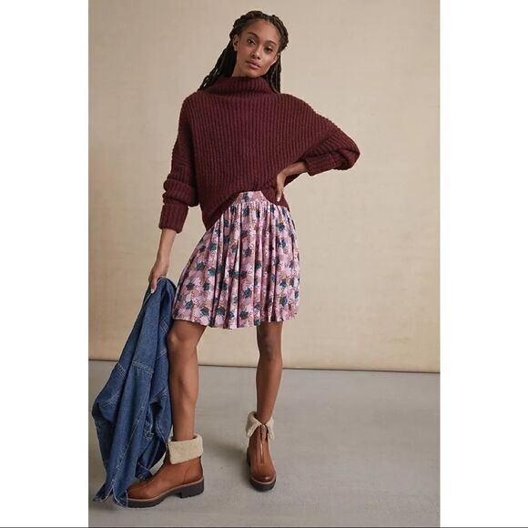 NEW Anthropologie Karina Pink Floral Flowy Pleated Pull-On Mini Skirt Large - Picture 2 of 3